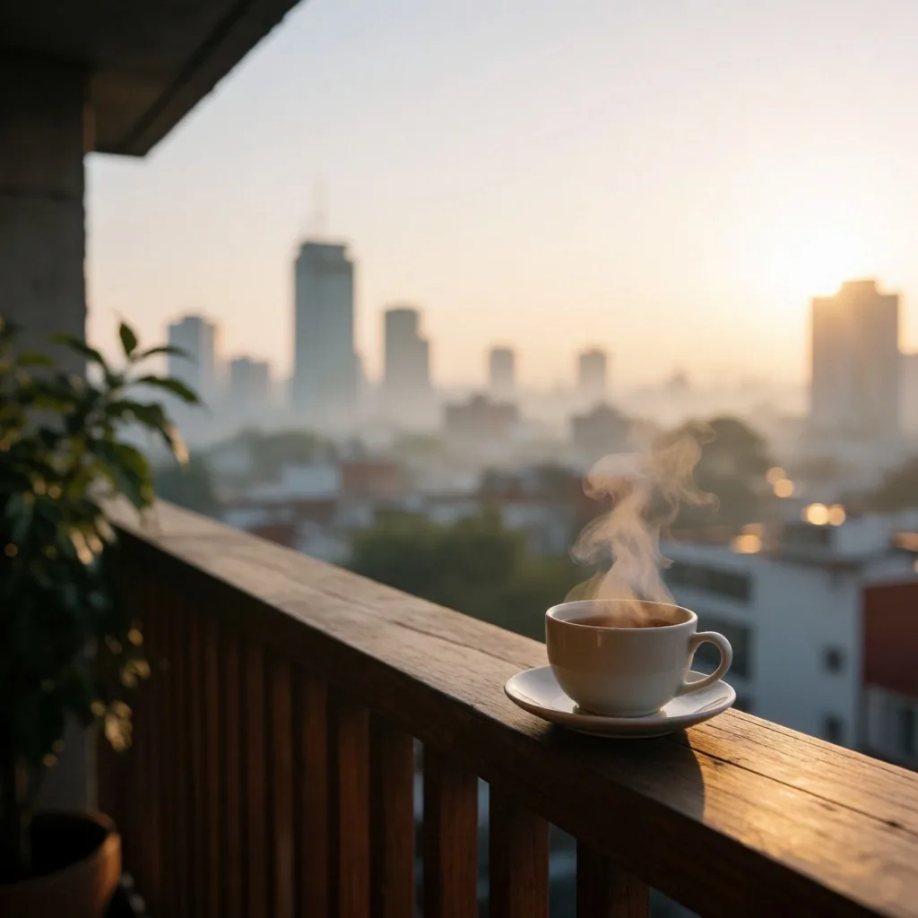 Amanecer tranquilo desde un balcón en Ciudad de México con luz matutina suave