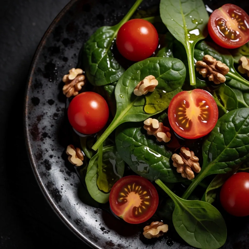 Ensalada de espinaca con tomate y nueces sobre plato oscuro