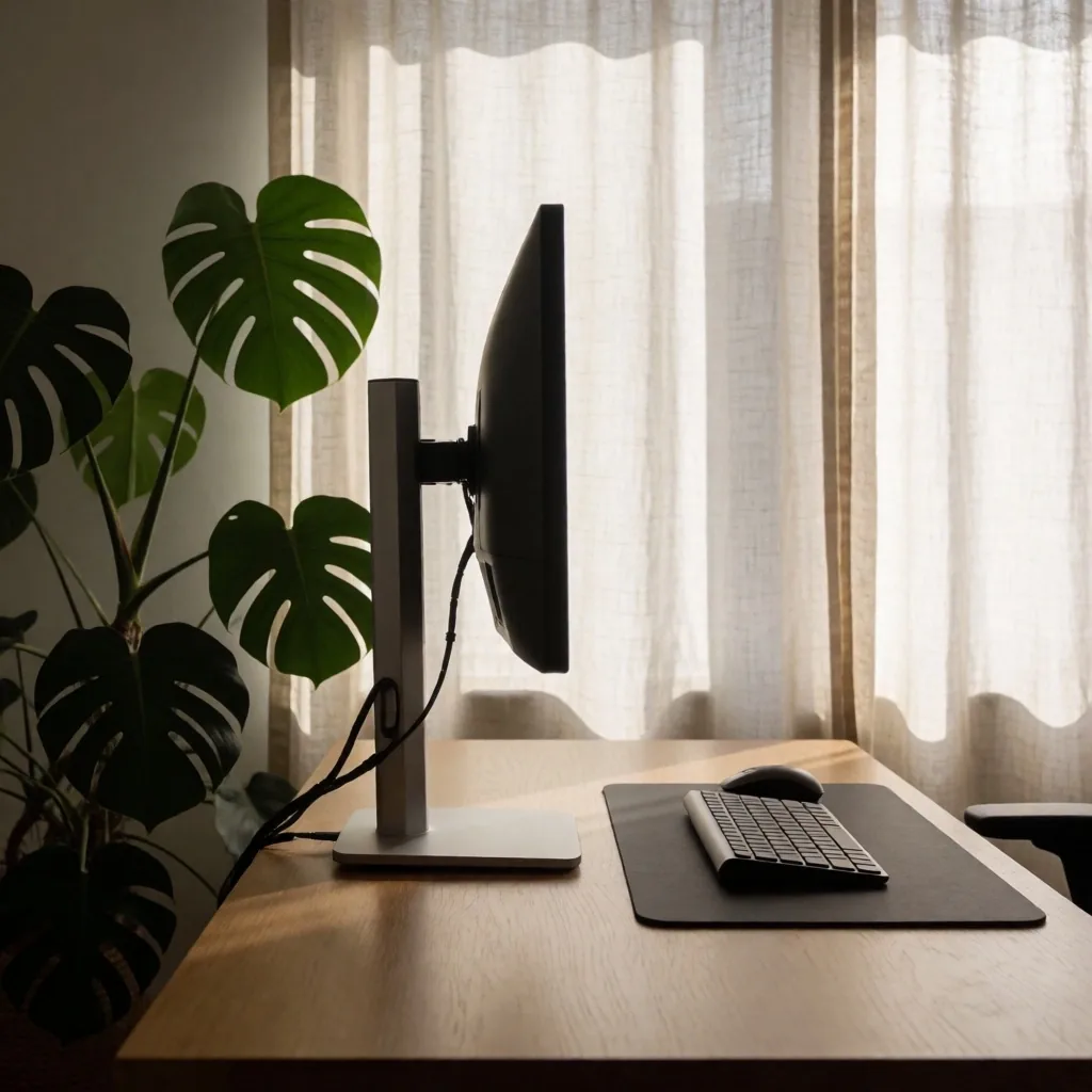 Espacio de trabajo ergonómico con monitor a la altura de los ojos y luz indirecta