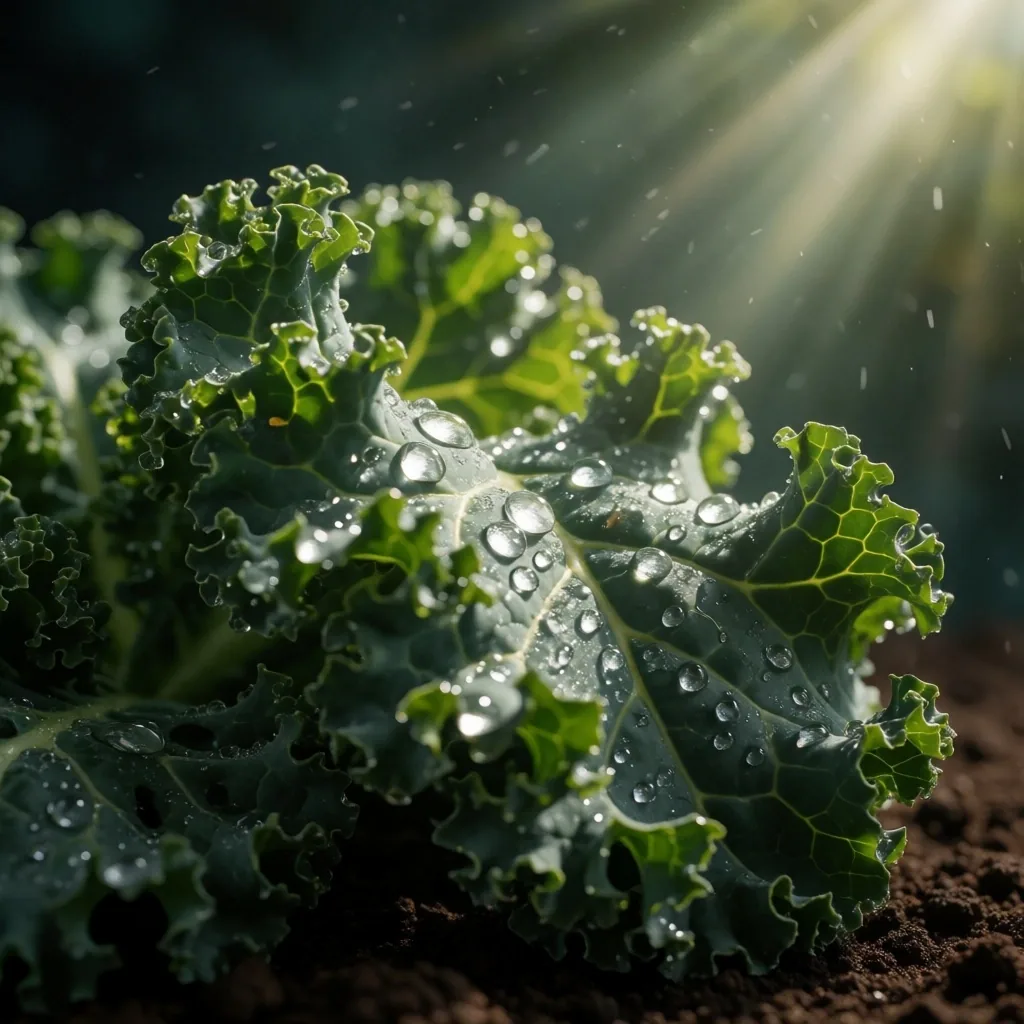 Hoja de kale con gotas de rocío matutino sobre fondo oscuro