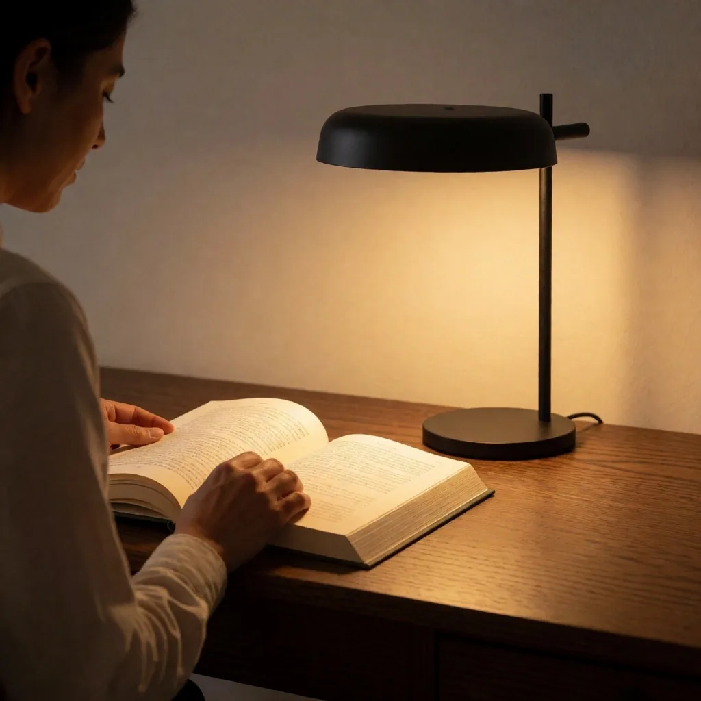 Lámpara de escritorio dirigiendo luz cálida sobre un libro abierto
