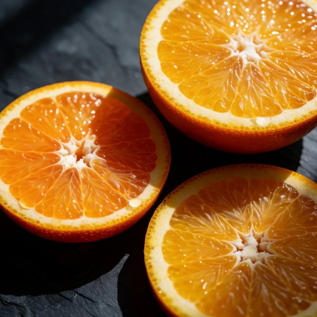 Naranjas y mandarinas rebanadas sobre pizarra oscura
