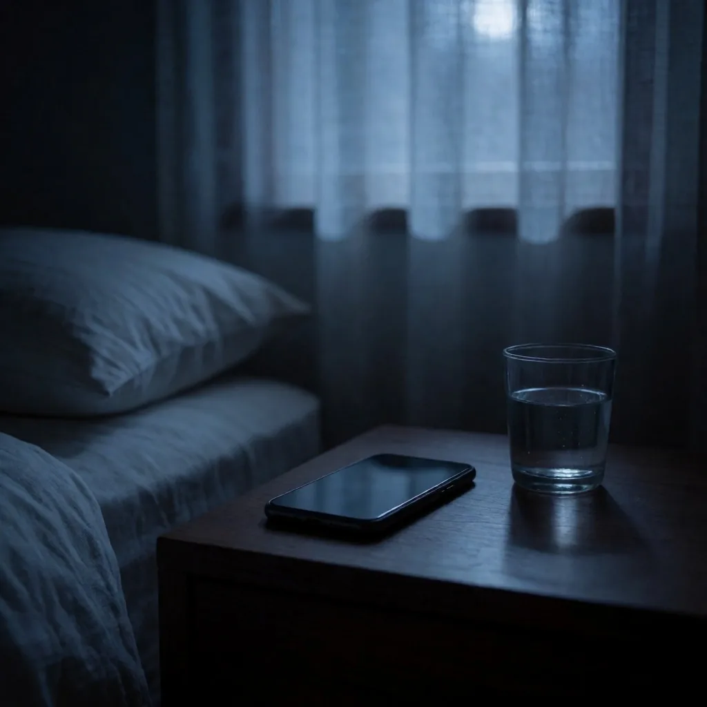 Recámara nocturna con celular boca abajo sobre la mesa de noche