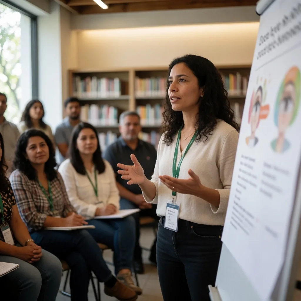 Taller comunitario sobre bienestar visual en un centro cultural mexicano