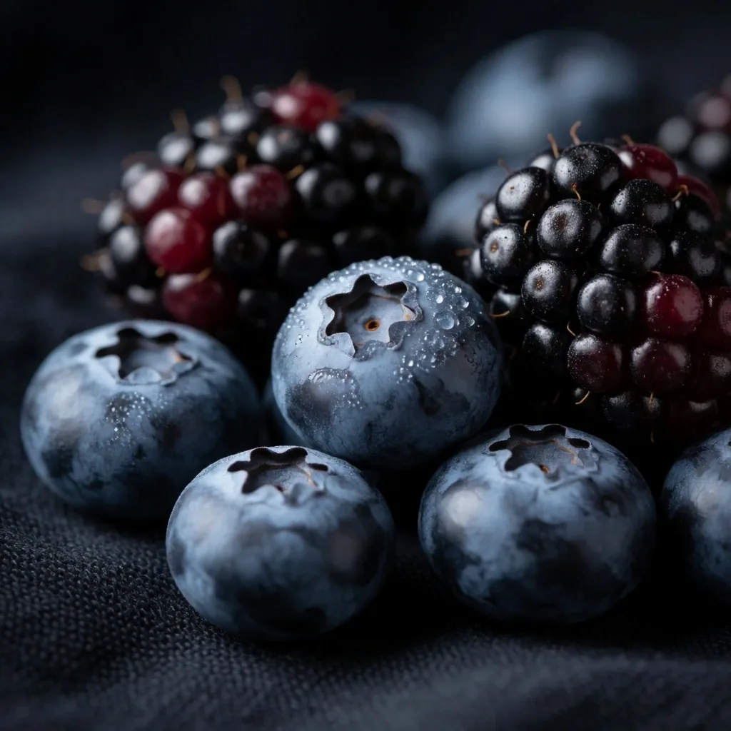 Arándanos y moras sobre tela de lino oscura con gotas de rocío matutino