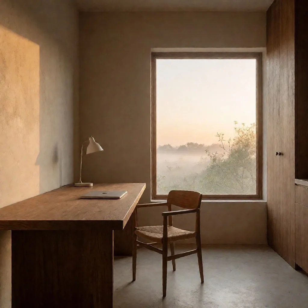 Interior minimalista mexicano al amanecer con luz suave entrando por ventana