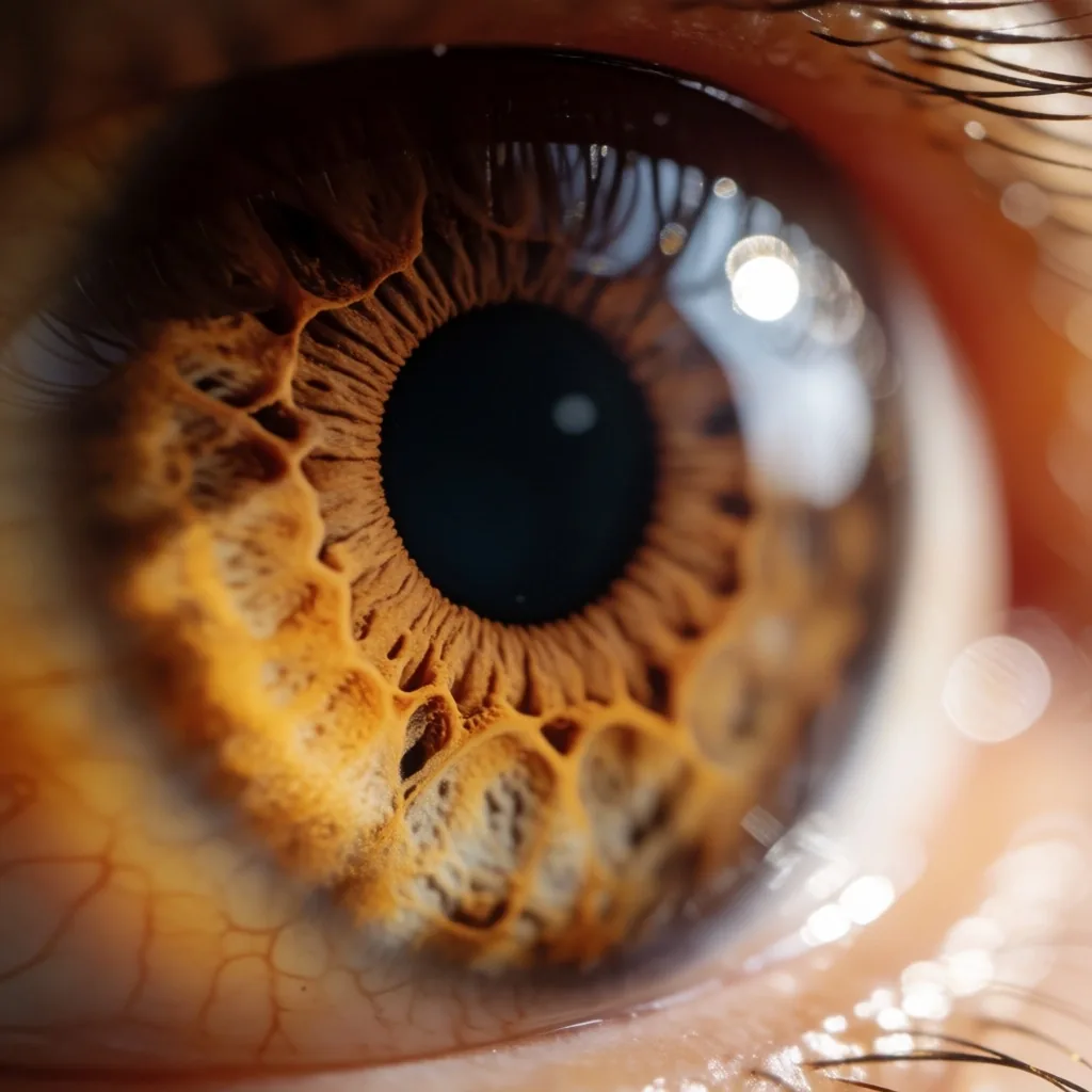 Primer plano de un iris humano iluminado por la luz del amanecer