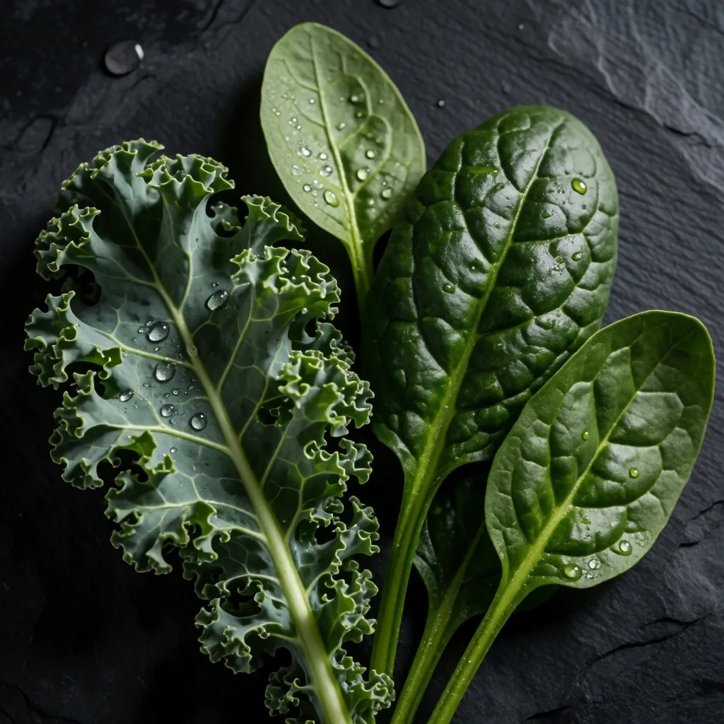 Vegetales de hoja verde con gotas de agua sobre superficie oscura