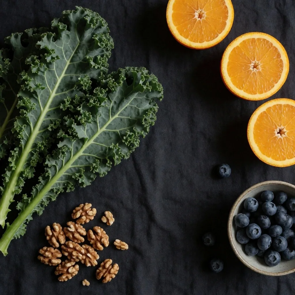 Alimentos frescos para la salud visual sobre una mesa de cocina al amanecer