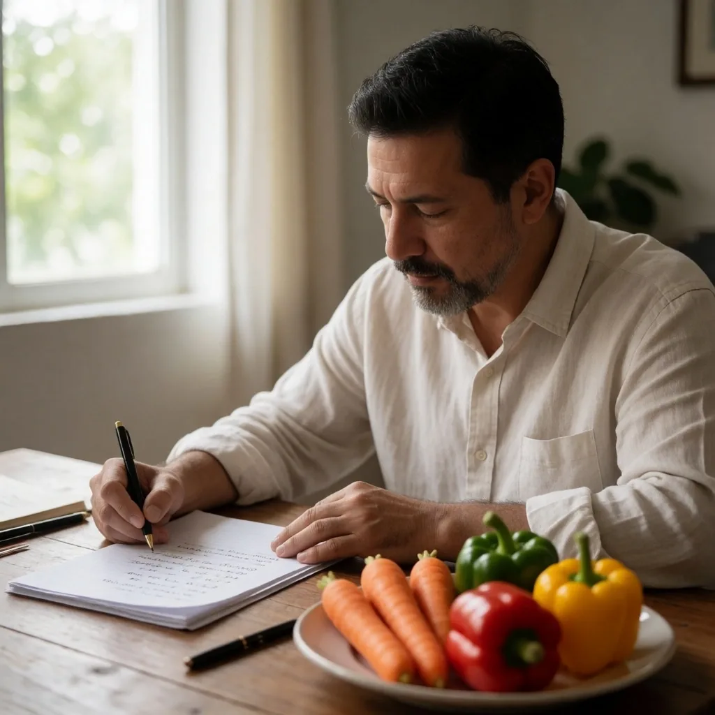 Especialista en bienestar visual revisando notas y alimentos sobre el escritorio